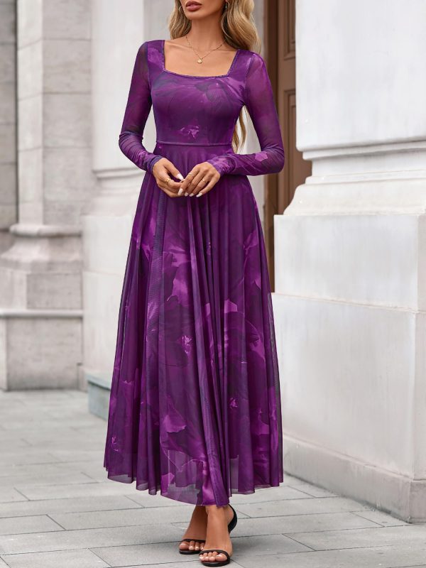 Women Maxi Dress Fall 2025 Fashion Elegant Long Sleeve Square Neck Floral Print Party Club Wedding Guest Dresses