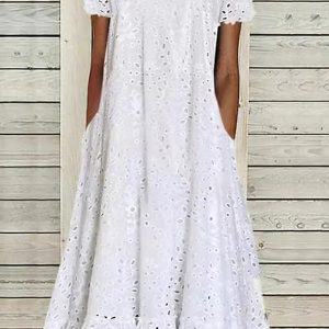 Women Summer Ruffle Hem Floral Lace Eyelet Dress Casual Notch Neck Midi Tunic Dress with Pocket