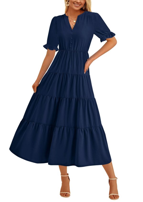 Women's Summer Casual Short Sleeve V Neck Midi Dresses 2025 Spring A-line Tiered Wedding Guest Dress