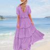 Summer Casual Bohemian Floral Dresses for Women Puff Short Sleeve Long Maxi Dress with Pockets ETX