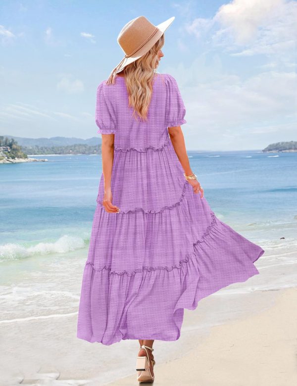 71DlU8HrR0L.jpg Summer Casual Bohemian Floral Dresses for Women Puff Short Sleeve Long Maxi Dress with Pockets ETX