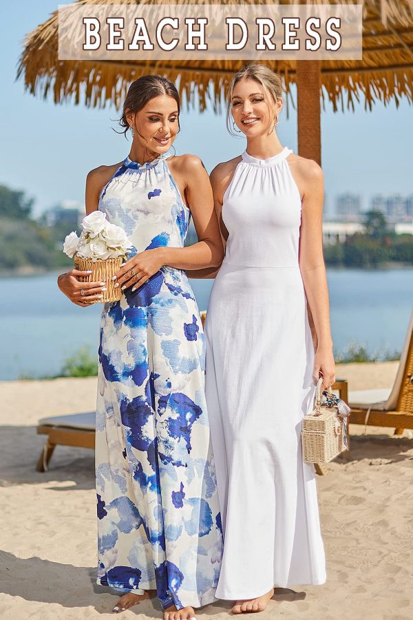 Women's Summer 2025 Maxi Dress Floral Halter Neck Sexy Party Wedding Guest Long Formal Dress