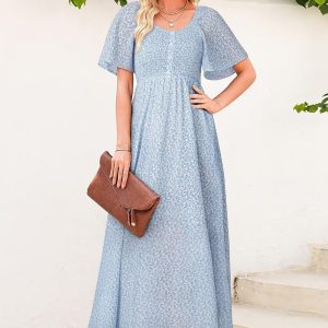 Womens Dresses 2025 Square Neck Tie Backless Summer Dresses Cap Sleeve Floral Buttoned Empire Waist Maxi Dress
