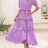 Summer Casual Bohemian Floral Dresses for Women Puff Short Sleeve Long Maxi Dress with Pockets ETX