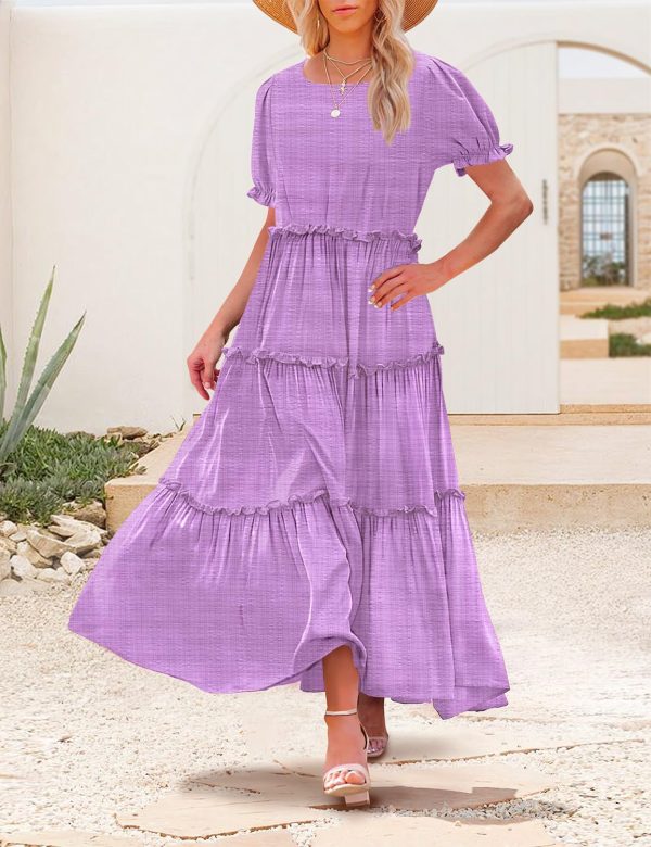 71GVL8wbmXL.jpg Summer Casual Bohemian Floral Dresses for Women Puff Short Sleeve Long Maxi Dress with Pockets ETX