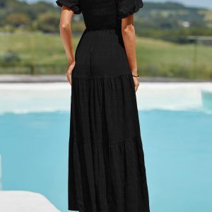 Womens Summer Puff Short Sleeve Maxi Dress Square Neck Smocked Tiered Ruffle A Line Long Flowy Beach Dresses
