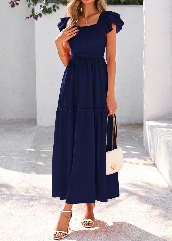 Smocked Summer Dresses for Women 2025 Wedding Guest Midi Flowy Ruffle Short Sleeve Square Neck Tiered Sundress