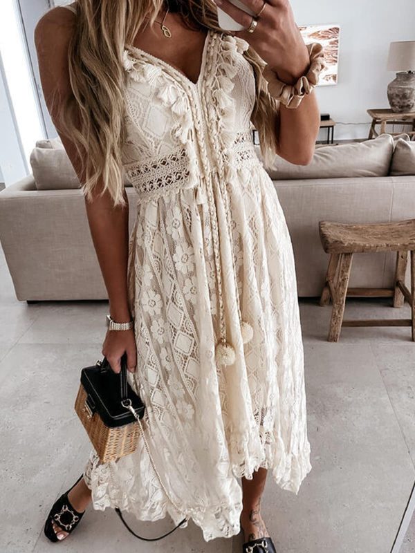 Women's Summer Dresses Sleeveless Lace Casual Tassel Beach Spaghetti Straps Flowy Maxi Sun Dress