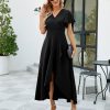 Long Black Formal Dresses for Women Gowns Evening Party Cocktail Dress,Split Elegant V Neck Wrap Ruffle Wedding Guest Dresses