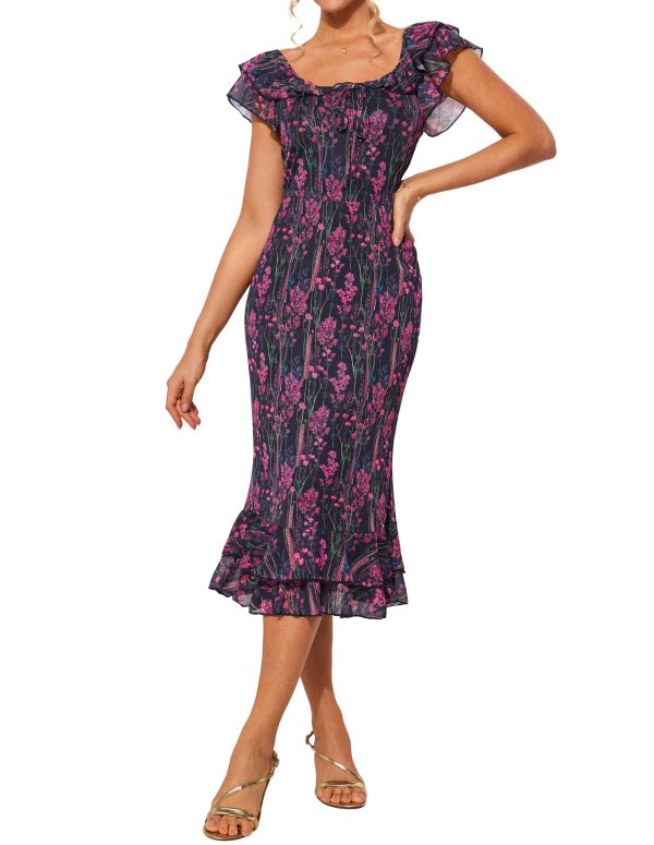 Women's Summer Floral Midi Dress Wedding Guest Party Dress Mermaid Bodycon Mesh Ruffle Dress