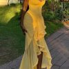 Women Cocktail Maxi Dress Sleeveless Ruched Ruffle Hem Mesh Dresses High Low Split Spaghetti Strap Sundress