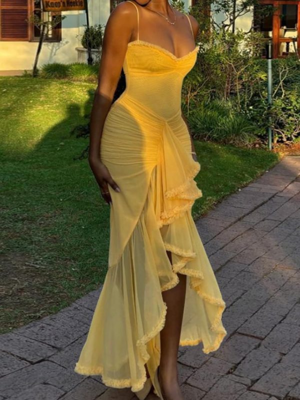 Women Cocktail Maxi Dress Sleeveless Ruched Ruffle Hem Mesh Dresses High Low Split Spaghetti Strap Sundress
