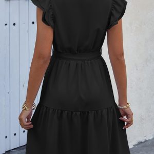 Women Flutter Sleeve Summer Dress 2025 Spring V Neck Ruffle Flowy Tiered Knee Length Belted Beach Vacation Sundress