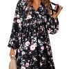 Womens Dresses 2025 Boho Floral V Neck Long Sleeve Smocked Elastic Waist Casual A-Line Swing Mini Dress Sundress