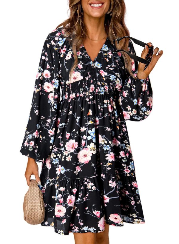 Womens Dresses 2025 Boho Floral V Neck Long Sleeve Smocked Elastic Waist Casual A-Line Swing Mini Dress Sundress