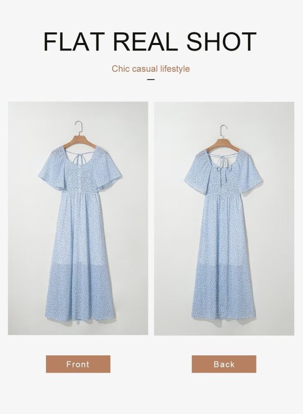 Womens Dresses 2025 Square Neck Tie Backless Summer Dresses Cap Sleeve Floral Buttoned Empire Waist Maxi Dress