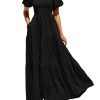 Womens Summer Puff Short Sleeve Maxi Dress Square Neck Smocked Tiered Ruffle A Line Long Flowy Beach Dresses