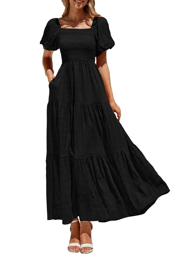 Womens Summer Puff Short Sleeve Maxi Dress Square Neck Smocked Tiered Ruffle A Line Long Flowy Beach Dresses