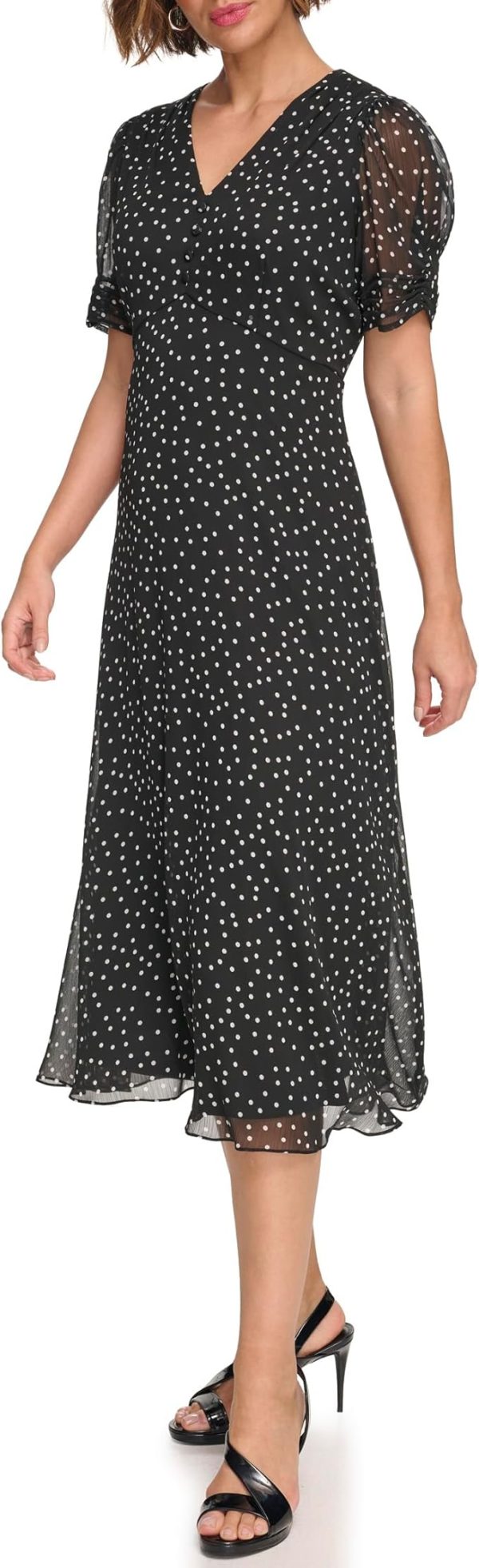 Women's Short Sleeve Button Front Fit & Flare Midi Dress Black/Cream Size:12