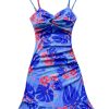 Women's Summer Tropical Twist Front Ruched Ruffle Hem Bodycon Cami Dress