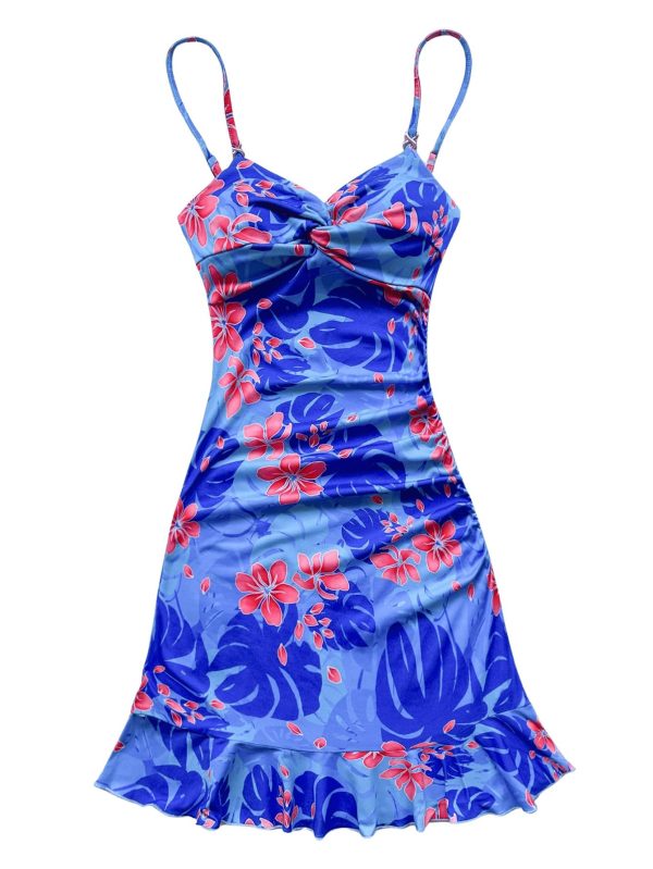 Women's Summer Tropical Twist Front Ruched Ruffle Hem Bodycon Cami Dress
