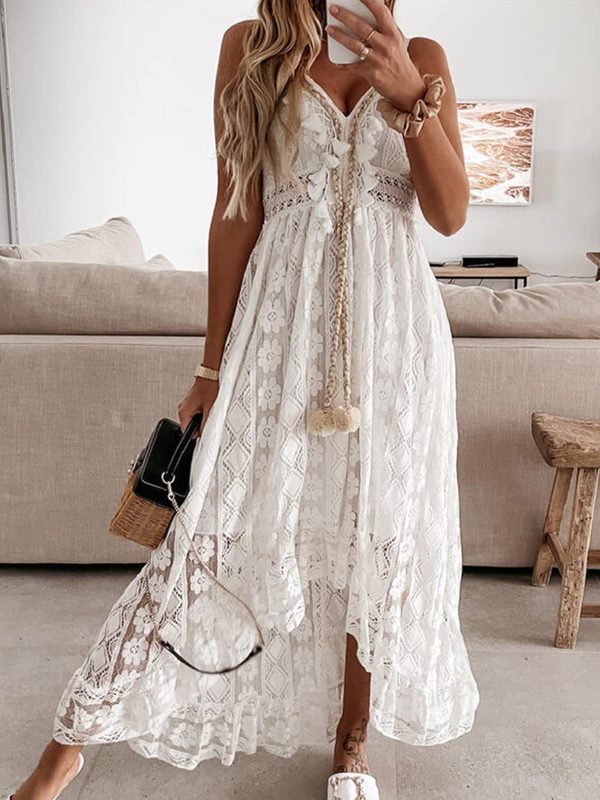 Women's Summer Dresses Sleeveless Lace Casual Tassel Beach Spaghetti Straps Flowy Maxi Sun Dress