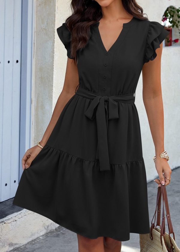 71VEblepqhL.jpg Women Flutter Sleeve Summer Dress 2025 Spring V Neck Ruffle Flowy Tiered Knee Length Belted Beach Vacation Sundress