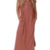 Womens Summer Dresses Ribbed Knit Henley Short Sleeve Maxi Dress Button Up Loose Slit Beach Vacation Sundress