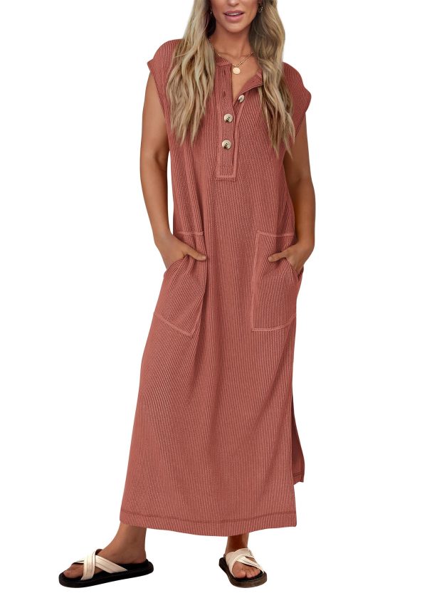 Womens Summer Dresses Ribbed Knit Henley Short Sleeve Maxi Dress Button Up Loose Slit Beach Vacation Sundress