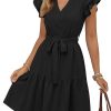 Women Flutter Sleeve Summer Dress 2025 Spring V Neck Ruffle Flowy Tiered Knee Length Belted Beach Vacation Sundress