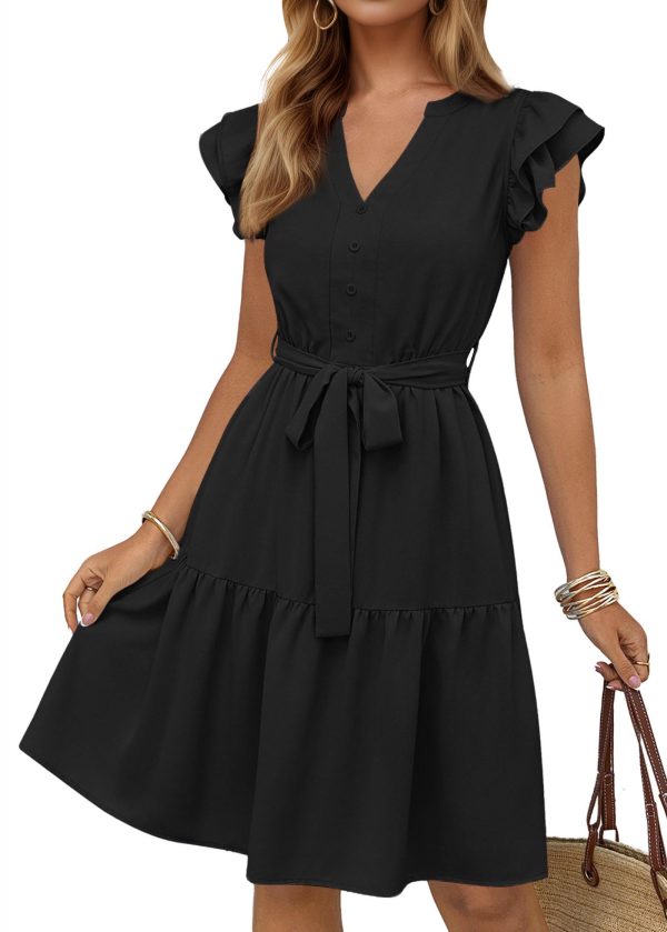 71Xj1D1aEAL.jpg Women Flutter Sleeve Summer Dress 2025 Spring V Neck Ruffle Flowy Tiered Knee Length Belted Beach Vacation Sundress