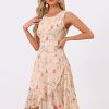 Women's Summer Dresses 2025 Wrap Ruffle High Low Hem Round Neck Keyhole Back Sleeveless Floral Dress