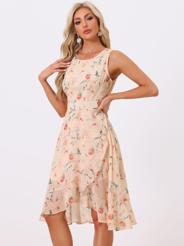 Women's Summer Dresses 2025 Wrap Ruffle High Low Hem Round Neck Keyhole Back Sleeveless Floral Dress