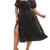 Women's Plus Size Floral Print Tie Front Square Neck Slit Hem Midi Dress