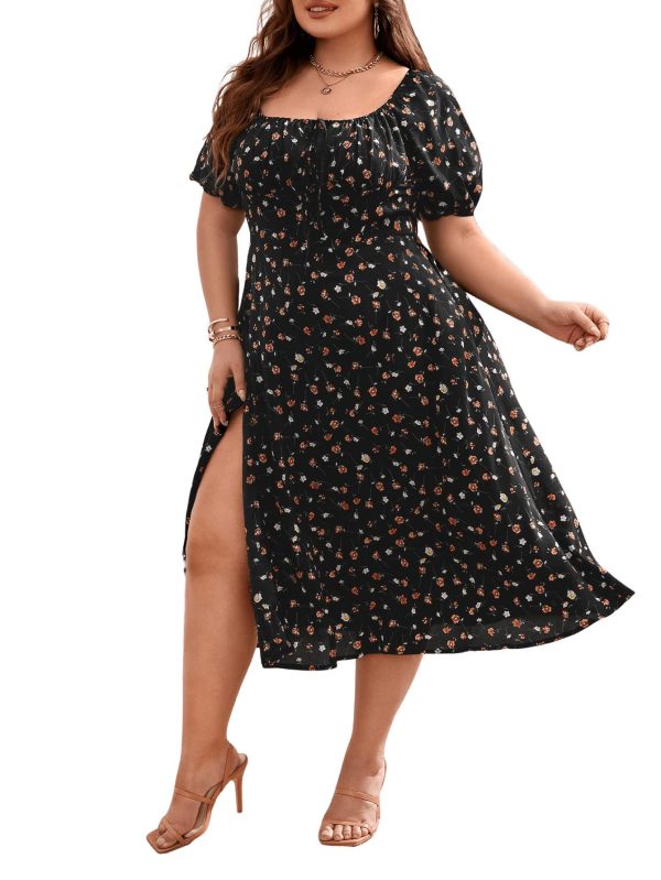 71a8Mtcd6EL.jpg Women's Plus Size Floral Print Tie Front Square Neck Slit Hem Midi Dress