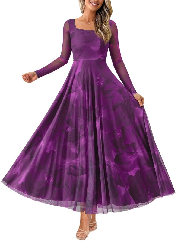 Women Maxi Dress Fall 2025 Fashion Elegant Long Sleeve Square Neck Floral Print Party Club Wedding Guest Dresses
