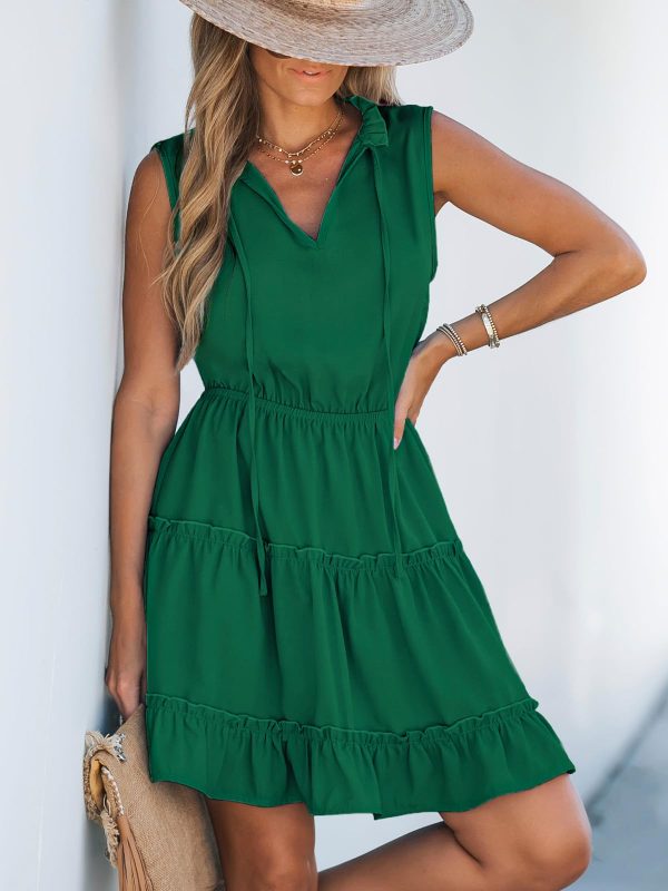 Womens Summer Dresses Tie Neck Sleeveless Tiered Ruffle A-Line Tunic Mini Dress