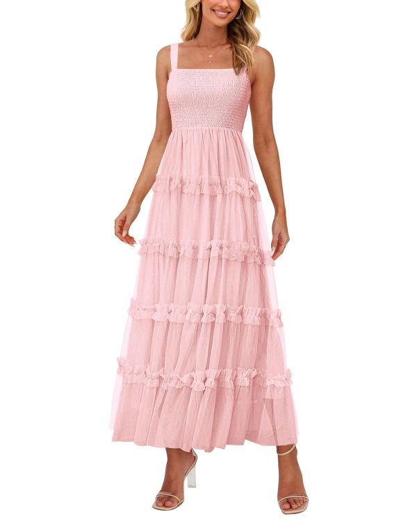 Women's Summer Dresses 2025 Sleeveless Smocked Tiered Ruffle Tulle A-Line Flowy Wedding Party Maxi Dress
