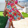 Women's Summer Casual Dresses 2025 Spring Puff Sleeve Square Neck A-line Flowy Boho Floral Smocked Midi Dress