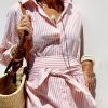 Womens 2025 Shirt Dress Casual Lapel 3/4 Sleeve Button Down Split Belted Vacation Maxi Dress