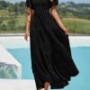 Womens Summer Puff Short Sleeve Maxi Dress Square Neck Smocked Tiered Ruffle A Line Long Flowy Beach Dresses