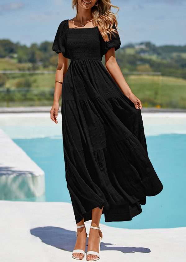Womens Summer Puff Short Sleeve Maxi Dress Square Neck Smocked Tiered Ruffle A Line Long Flowy Beach Dresses