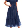 Women's Smocked Tulle Midi Dress 2025 Summer Square Neck Puffy Short Sleeve Ruffle Wedding Guest Party Dresses