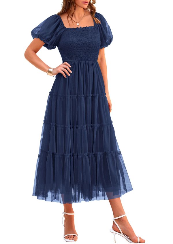 Women's Smocked Tulle Midi Dress 2025 Summer Square Neck Puffy Short Sleeve Ruffle Wedding Guest Party Dresses