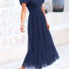 Women's Smocked Tulle Midi Dress 2025 Summer Square Neck Puffy Short Sleeve Ruffle Wedding Guest Party Dresses