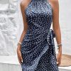 Women's Summer Dress Dot Print Halter Neck Tie Waist Casual Zipper Back Sundress Vacation Beach