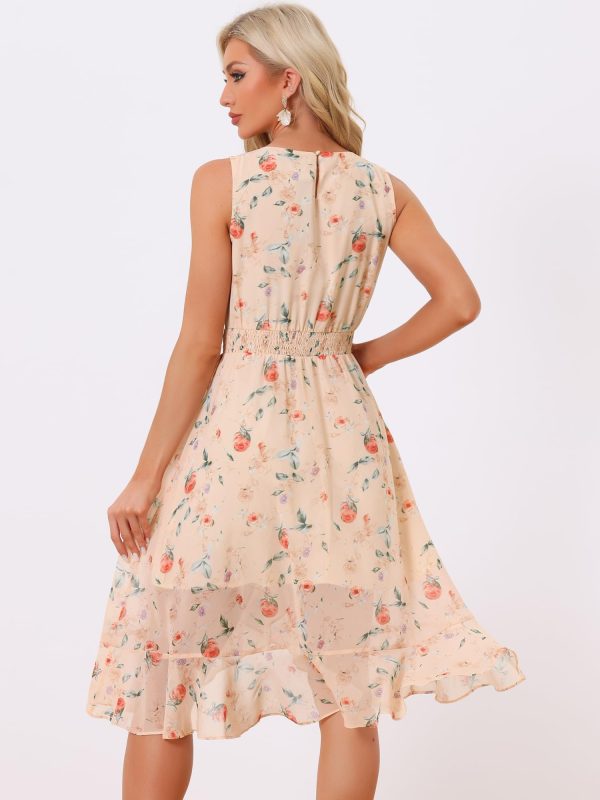 Women's Summer Dresses 2025 Wrap Ruffle High Low Hem Round Neck Keyhole Back Sleeveless Floral Dress