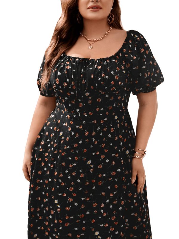 71n7KPIDOIL.jpg Women's Plus Size Floral Print Tie Front Square Neck Slit Hem Midi Dress