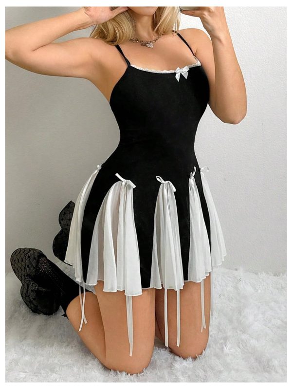 71nh7t3d0FL.jpg Women's Y2K Bow Tie Criss Cross Backless Mini Dress Colorblock Lace Cami Dress