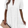 Womens Summer Lace Dresses Eyelet Casual Flowy Babydoll Swing Short Sleeve V Neck Tunic Dress